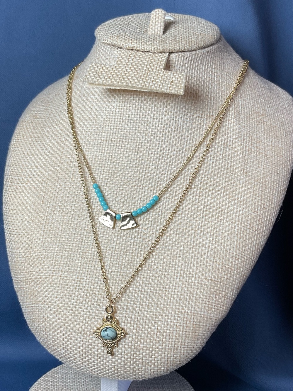 Gold-Tone Layered Turquoise Bead Pendant Necklace - Boho Southwestern Women